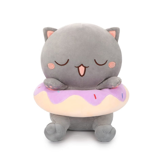 25 CM / 10 inch Cute cat plush, stuffed soft animal with donut, super soft cute gray kitten plush toy