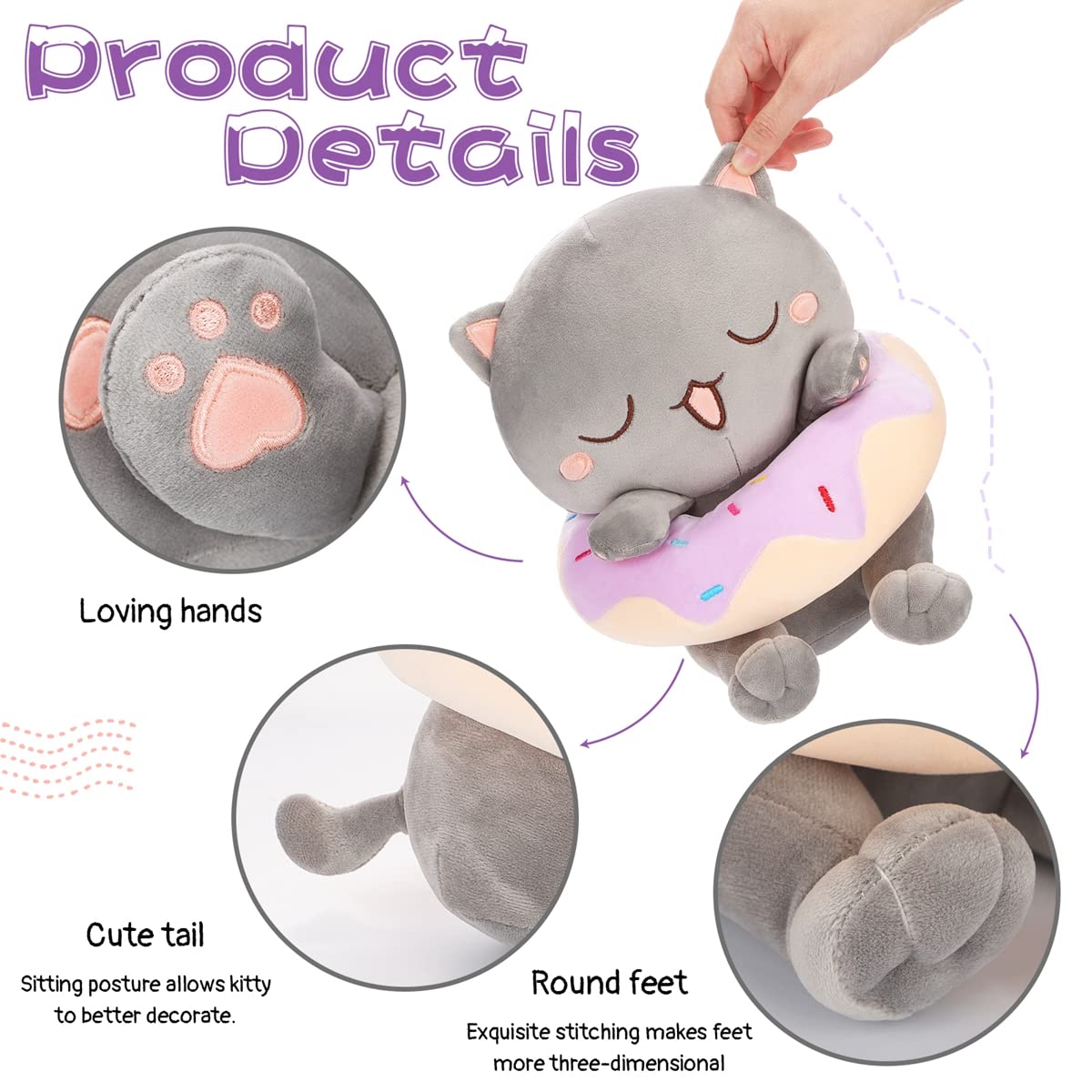 25 CM / 10 inch Cute cat plush, stuffed soft animal with donut, super soft cute gray kitten plush toy with closed eyes