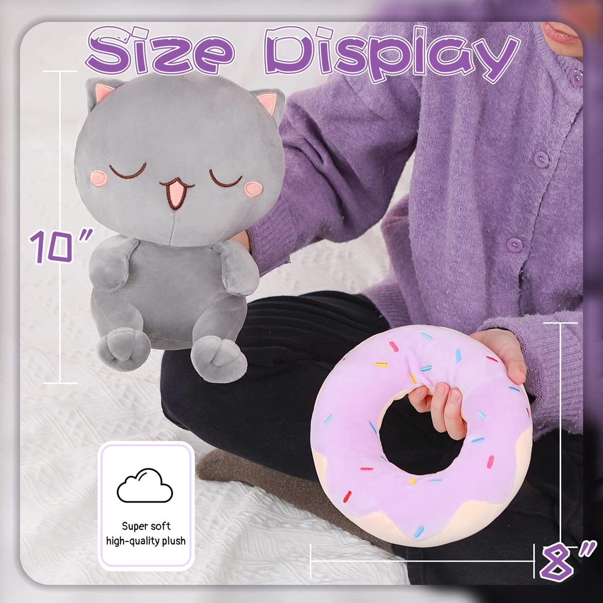 25 CM / 10 inch Cute cat plush, stuffed soft animal with donut, super soft cute gray kitten plush toy with closed eyes