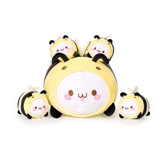 Cute Cat Bee Mama Stuffed Animal and 4 Baby Bees Plush, Super Soft Cartoon Hug Toy Gift Bedding, Kids Sleeping Kawaii Pillow