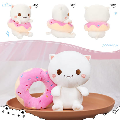 25 CM / 10 inch Cute plush donut cat stuffed animal, super soft kawaii cat white happy kitten plush toy