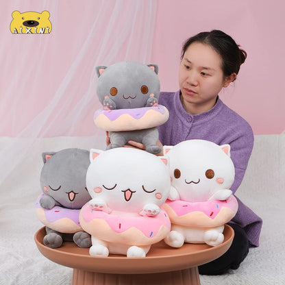 25 CM / 10 inch Cute plush donut cat stuffed animal, super soft kawaii cat white happy kitten plush toy