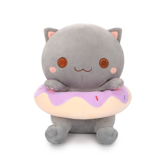25 CM / 10 inch Cute cat plush, stuffed soft animal with donut, super soft cute gray happy kitten plush toy