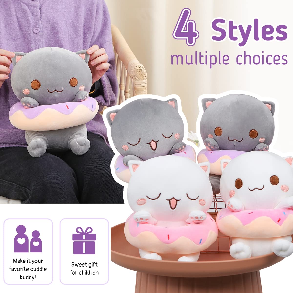 25 CM / 10 inch Cute cat plush, stuffed soft animal with donut, super soft cute gray happy kitten plush toy