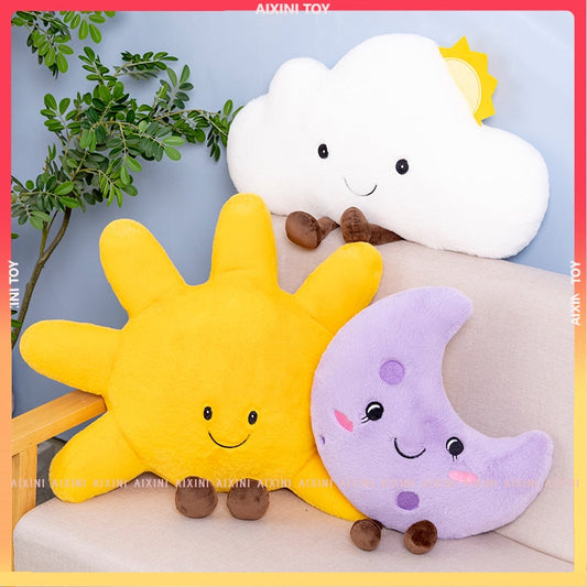 Aixini White Cloud Sun Moon Star Plushie Pillow Lovely Stuffed Cartoon Weather Doll Soft Sofa Cushion Girl’s Room Decor Toys